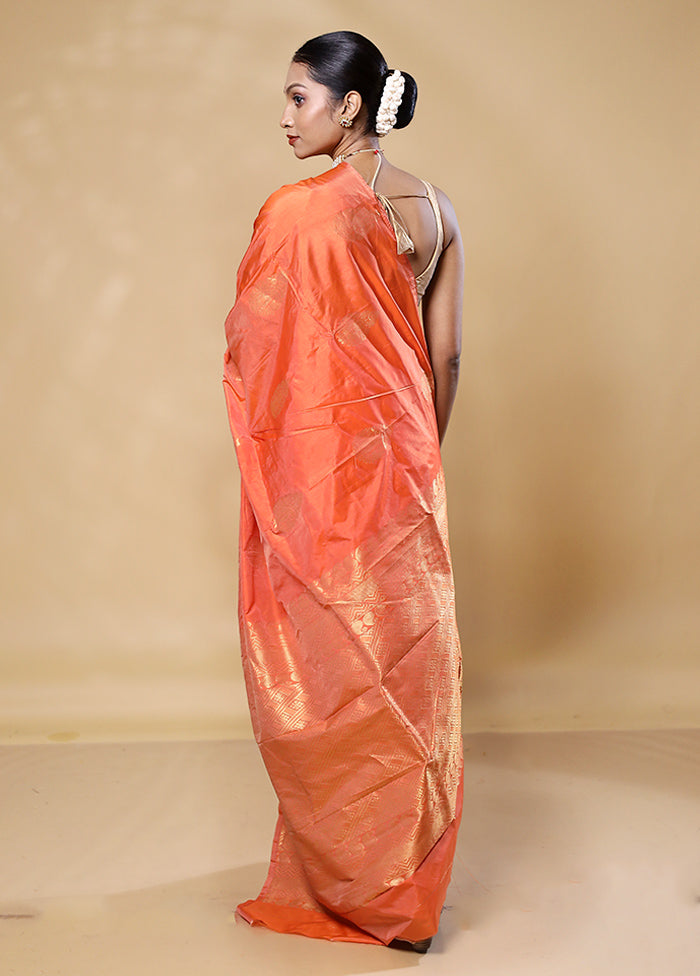 Orange Kanjivaram Silk Saree With Blouse Piece Shop For Sale