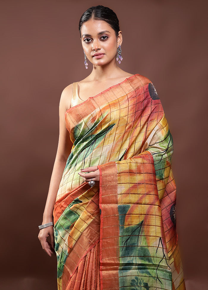 Multicolor Handloom Tussar Pure Silk Saree With Blouse Piece Cheap Finishline