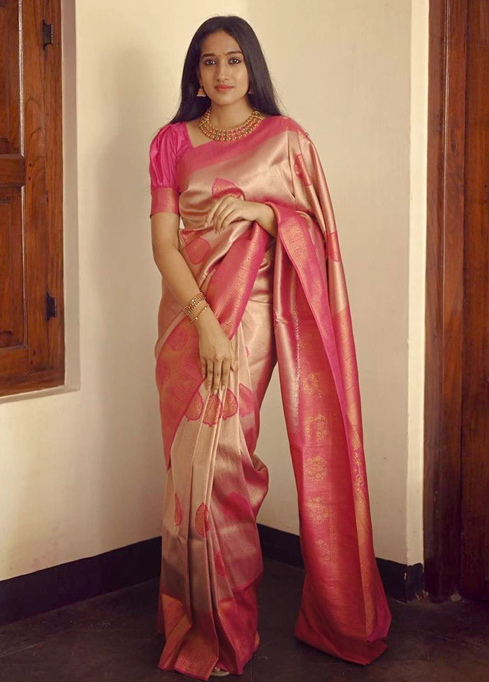 Peach Banarasi Silk Saree With Blouse Piece Really Cheap Shoes Online