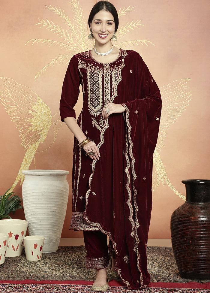 3 Pc Maroon Unstitched Velvet Suit Set Outlet Classic