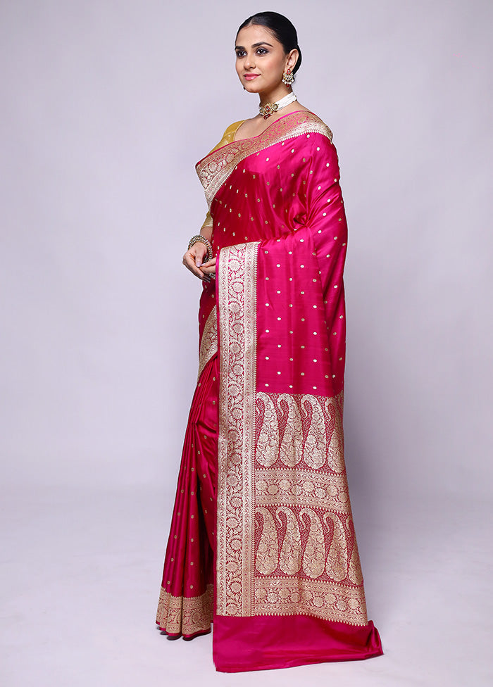 Pink Handloom Banarasi Pure Silk Saree With Blouse Piece 100% Authentic Sale Online