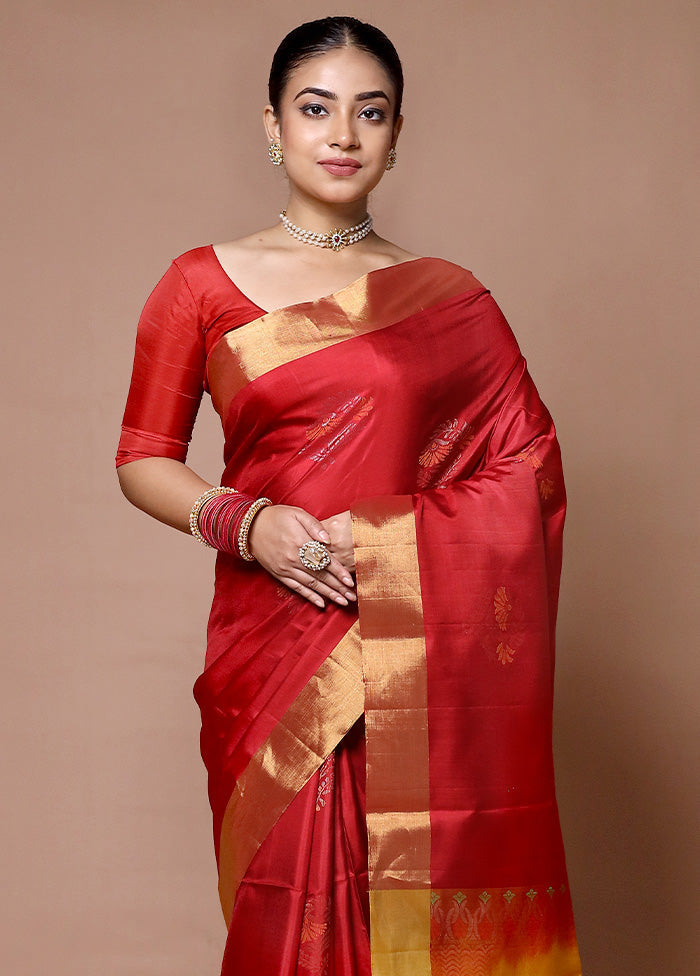 Red Handloom Kanjivaram Pure Silk Saree With Blouse Piece Sale Original