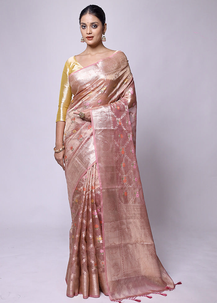 Pink Crushed Tissue Silk Saree With Blouse Piece Sale Free Shipping