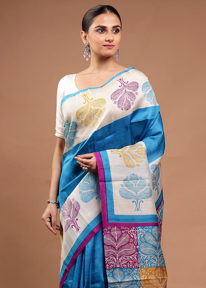 Blue Printed Pure Silk Saree Without Blouse Piece Sale High Quality