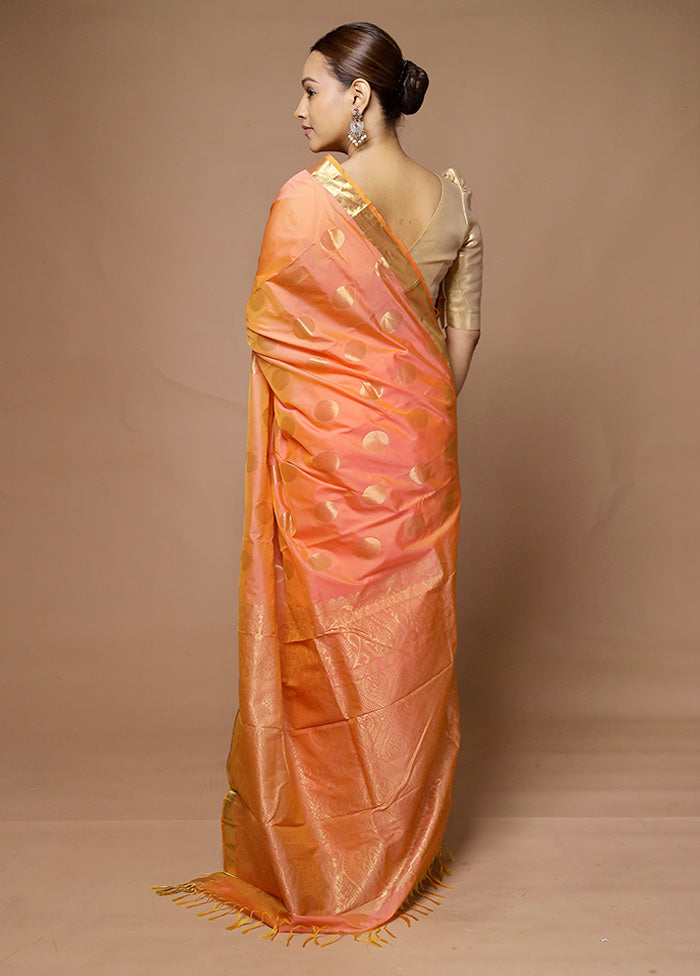 Peach Kanjivaram Silk Saree With Blouse Piece Sale Genuine