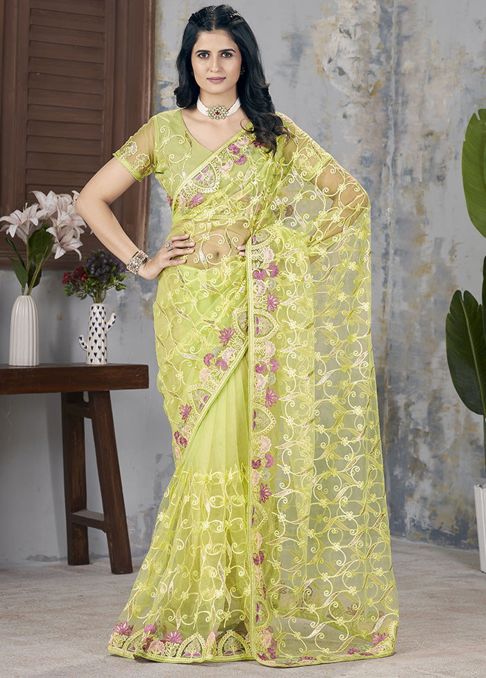 Green Net Net Saree With Blouse Piece Sale View