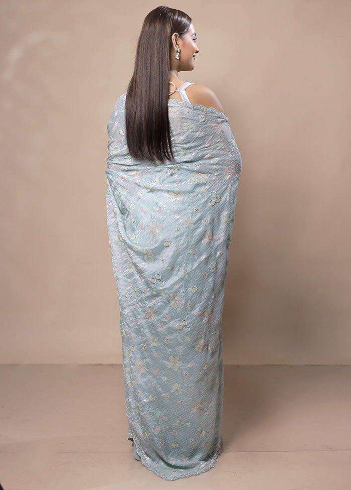 Sky Blue Silk Saree With Blouse Piece 100% Authentic