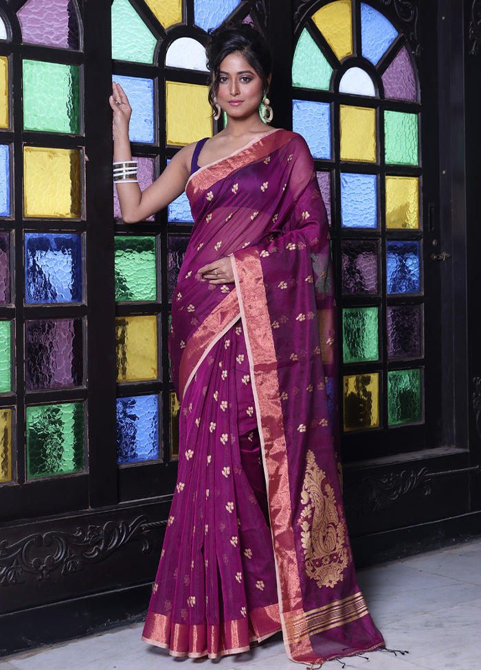 Purple Pure Cotton Saree With Blouse Piece Sale Original