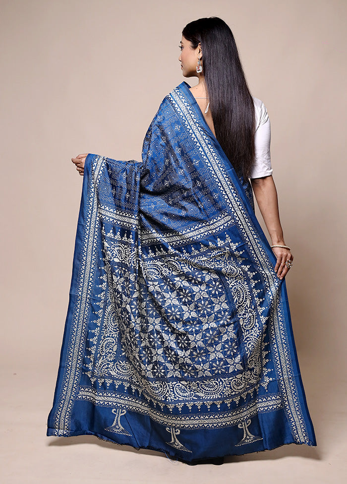 Blue Handloom Kantha Stitch Pure Silk Saree With Blouse Piece Websites For Sale