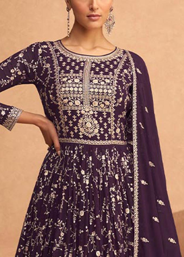 3 Pc Purple Semi Stitched Georgette Suit Set Wiki For Sale