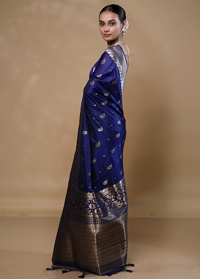 Blue Dupion Silk Saree With Blouse Piece Top Quality For Sale