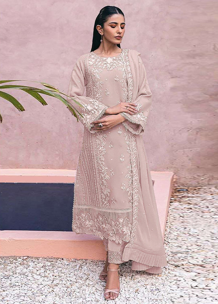 3 Pc Beige Semi Stitched Georgette Suit Set Comfortable Online