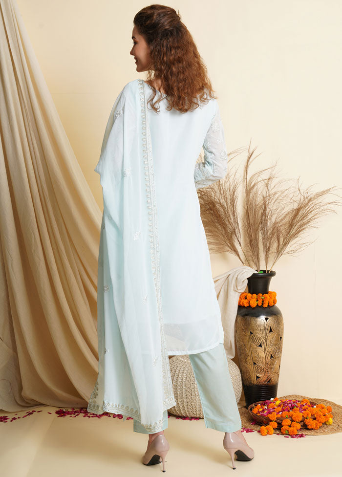 3 Pc Sky Blue Unstitched Georgette Suit Set Cheap Sale Outlet Store