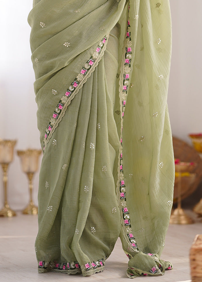 Pista Green Spun Silk Saree With Blouse Piece Purchase Cheap Pice