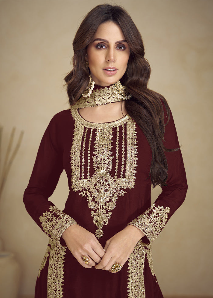 3 Pc Maroon Semi Stitched Georgette Suit Set Cheap Pice Original