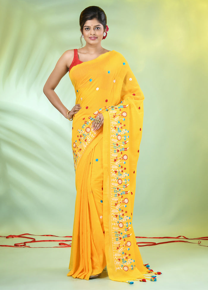 Yellow Cotton Saree With Blouse Piece Discount Hot Sale