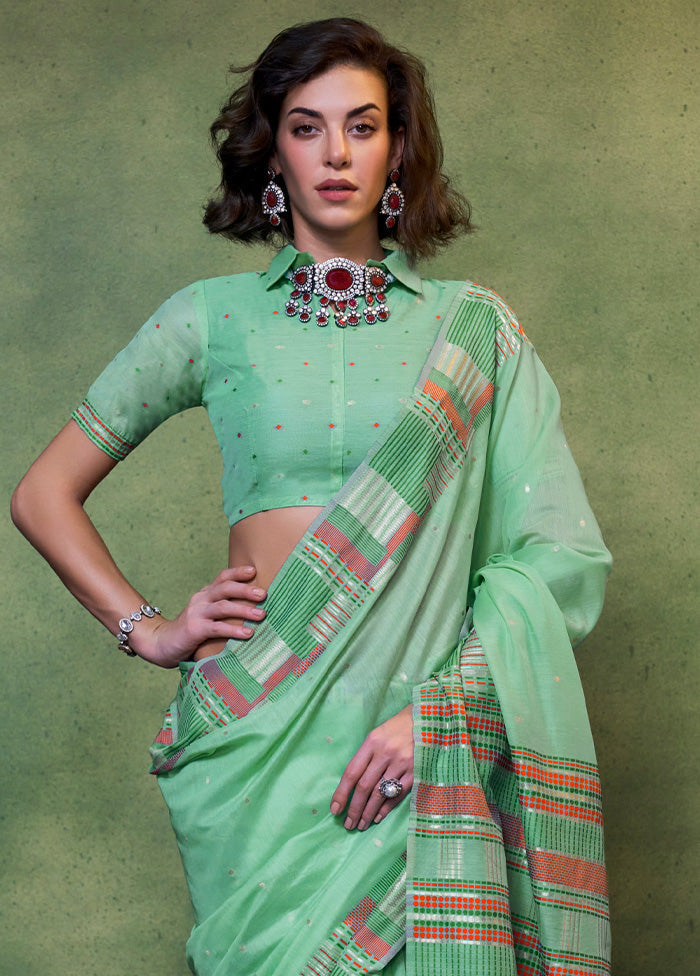 Mint Green Cotton Saree With Blouse Piece Online Online For Sale