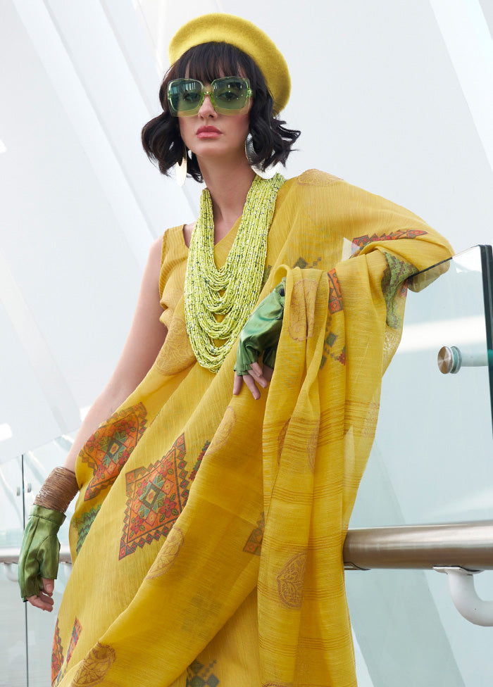 Yellow Spun Silk Saree With Blouse Piece Best Sale For Sale