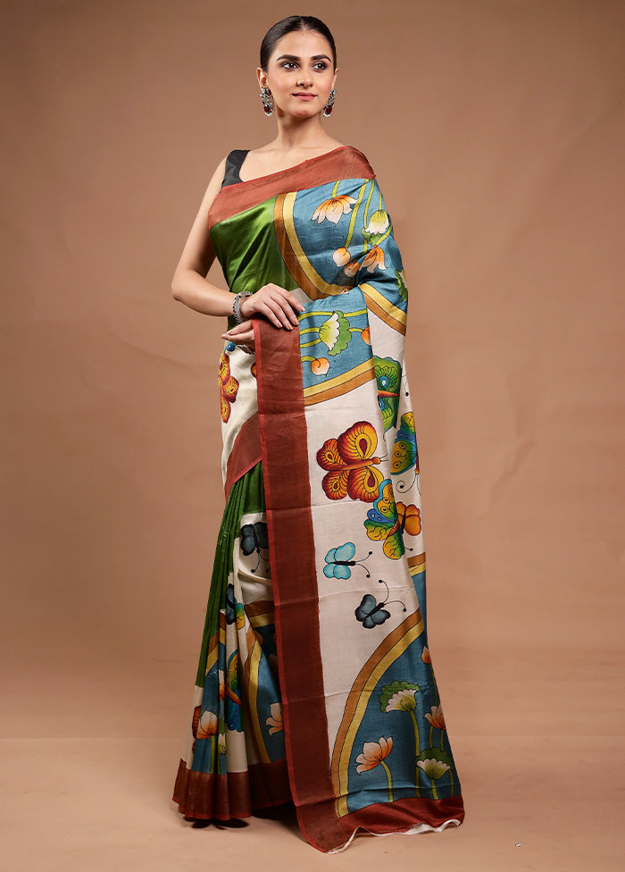 Green Printed Pure Silk Saree Without Blouse Piece Fashionable For Sale