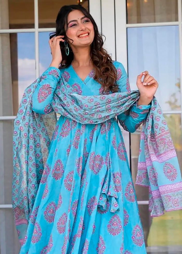 3 Pc Electric Blue Pure Readymade Silk Dupatta Suit Set Free Shipping For Sale