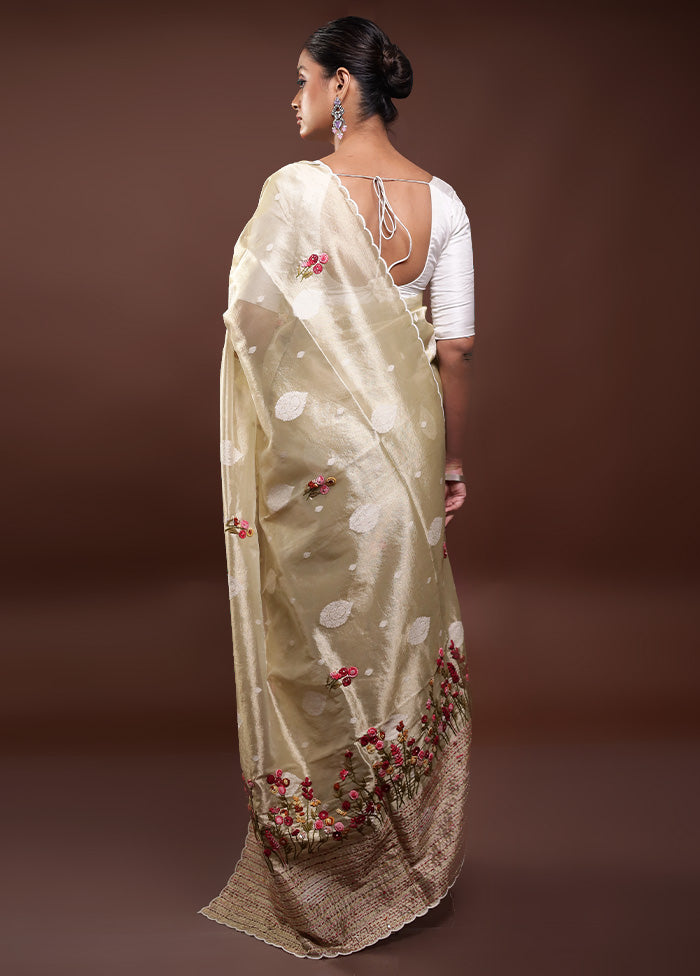 Cream Tissue Silk Saree With Blouse Piece Online Online Original