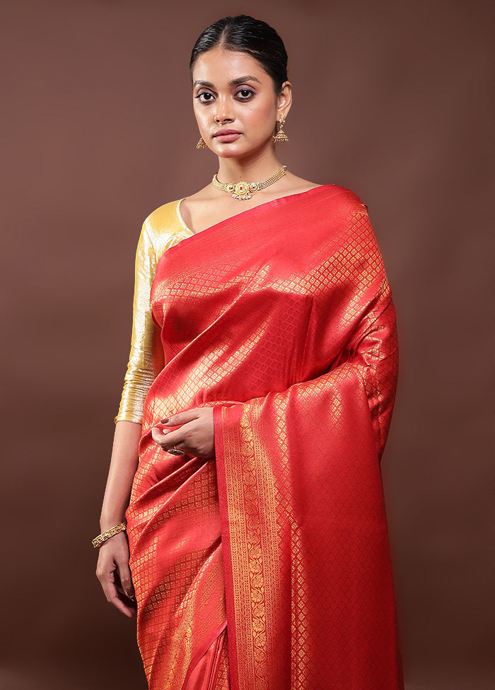 Red Dupion Silk Saree With Blouse Piece Discount High Quality