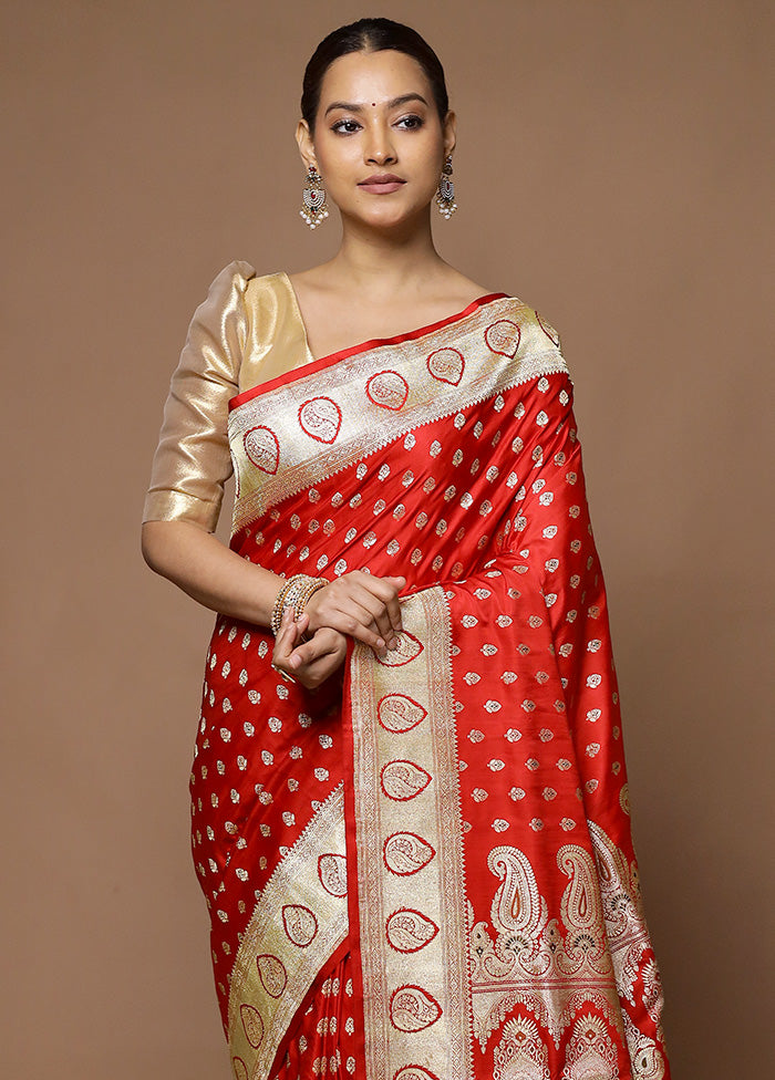 Red Handloom Banarasi Pure Silk Saree With Blouse Piece Shipping Outlet Store Online