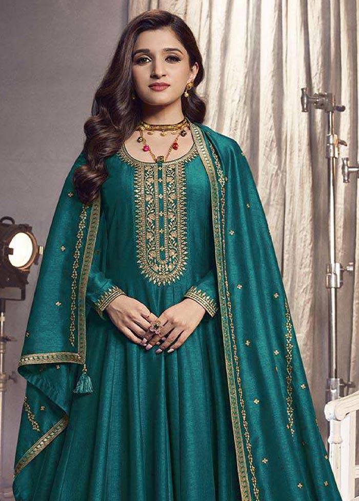 3 Pc Teal Semi Stitched Silk Suit Set Many Kinds Of Online