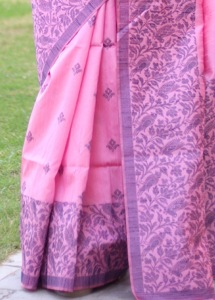 Baby Pink Spun Silk Saree With Blouse Piece Discount Free Shipping