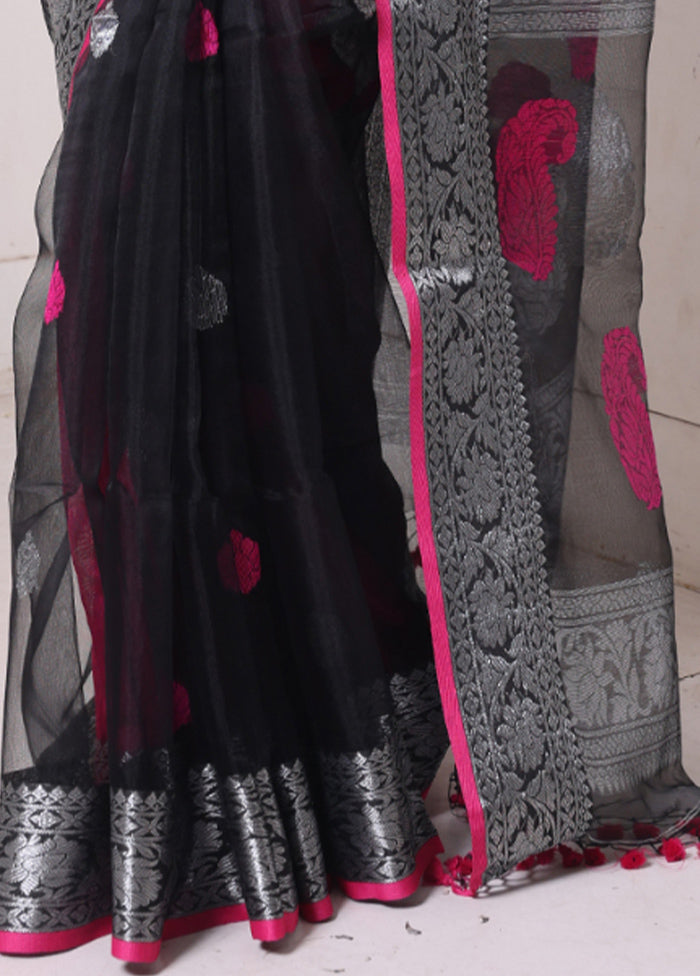 Black Spun Silk Saree With Blouse Piece Shop Sale Online