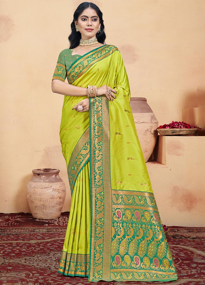 Parrot Green Dupion Silk Saree With Blouse Piece Newest Online