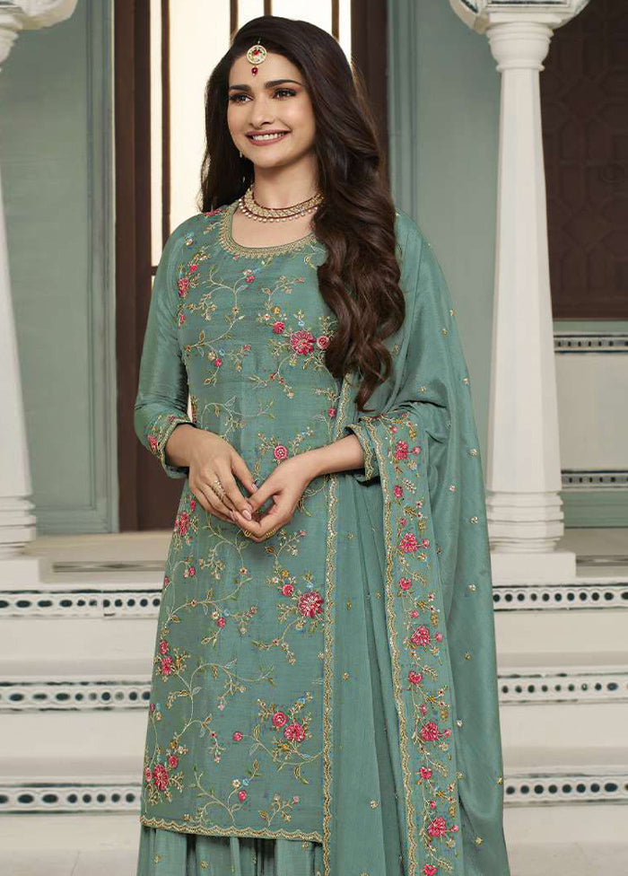 3 Pc Sea Blue Semi Stitched Viscose Suit Set Cheapest Sale Online