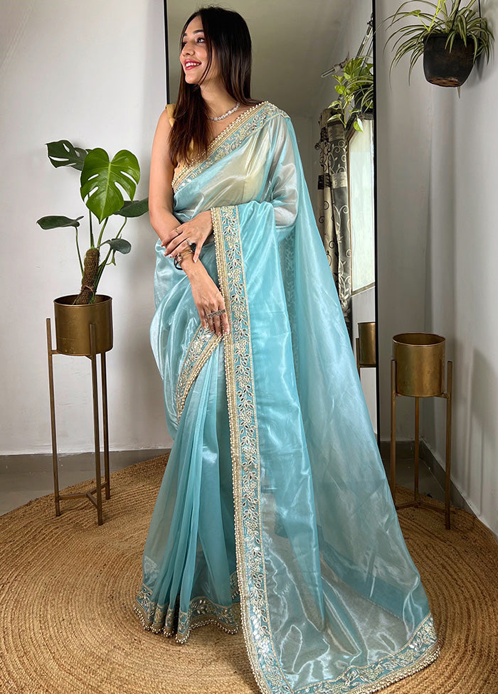 Blue Spun Silk Saree With Blouse Piece Clearance Low Pice Fee Shipping