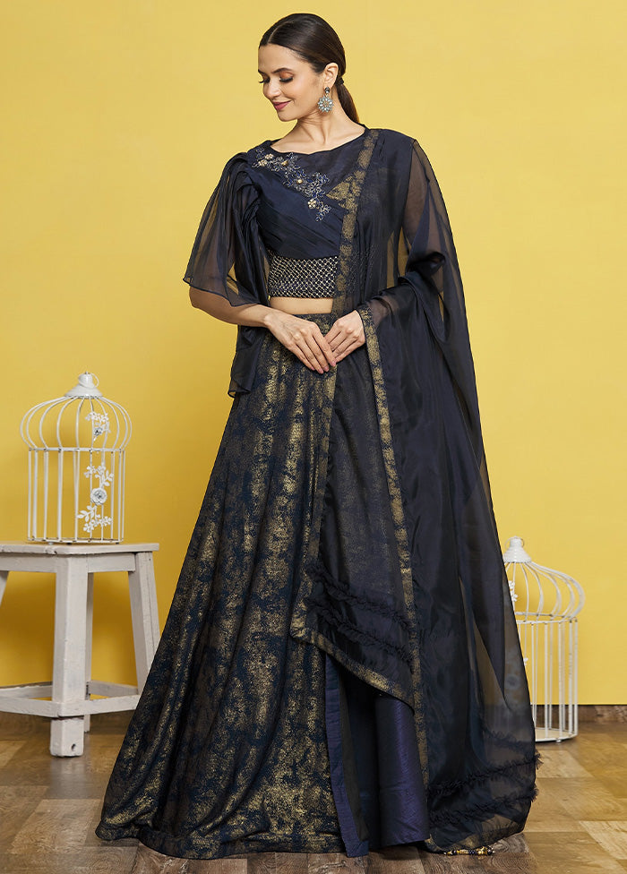 3 Pc Navy Blue Silk Semi Stitched Lehenga Set Cheapest Pice