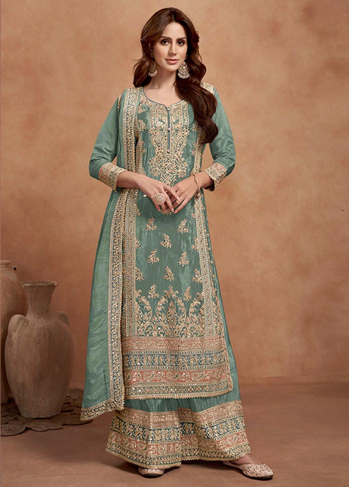 3 Pc Sea Green Semi Stitched Silk Suit Set Professional Cheap Pice