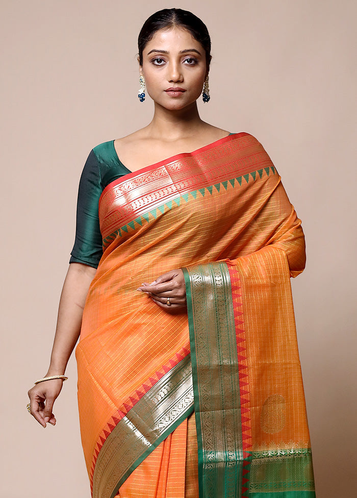 Orange Kota Cotton Saree With Blouse Piece Fast Delivery Online