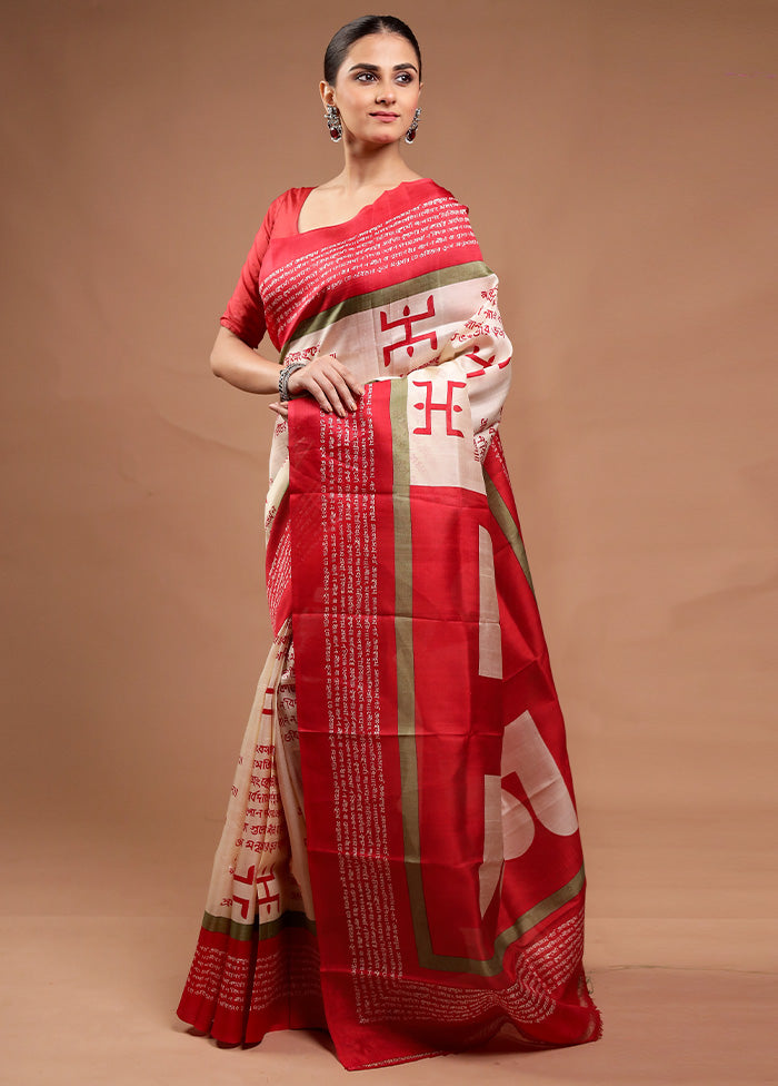 Cream Printed Pure Silk Saree Without Blouse Piece Cheap Fashionable