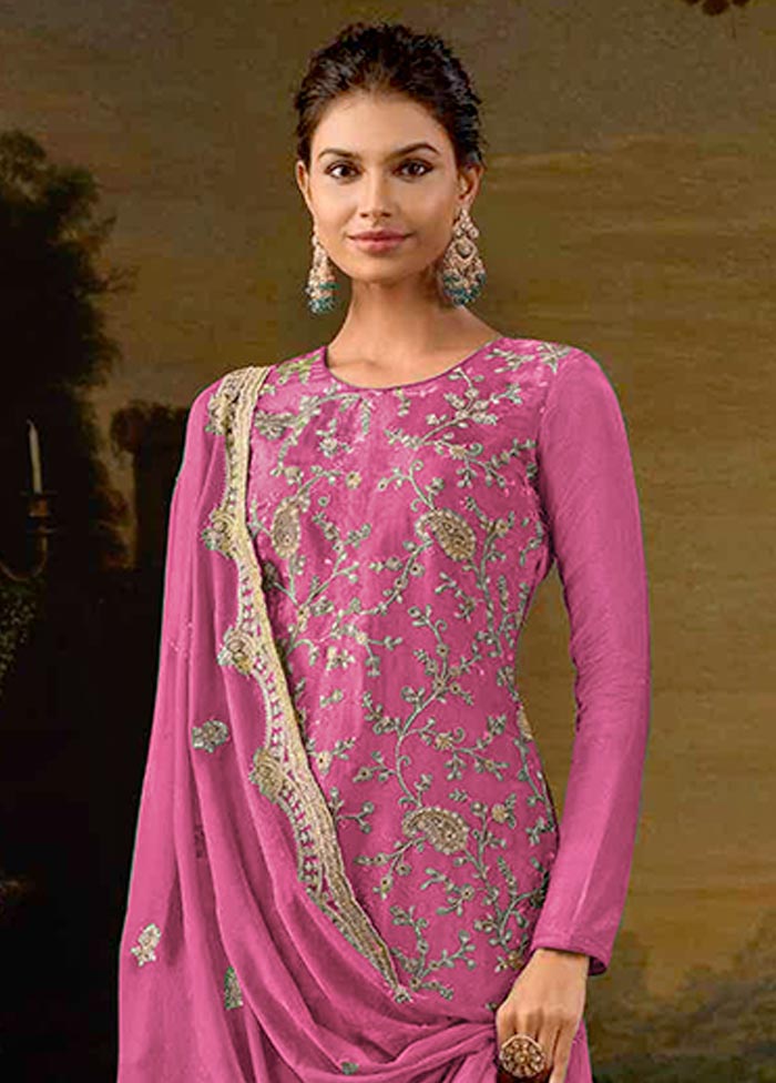 3 Pc Pink Semi Stitched Silk Suit Set Visit For Sale