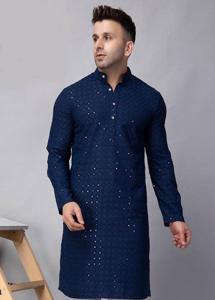 Navy Blue Viscose Embroidered Knee Length Kurta 2025 New Sale Online