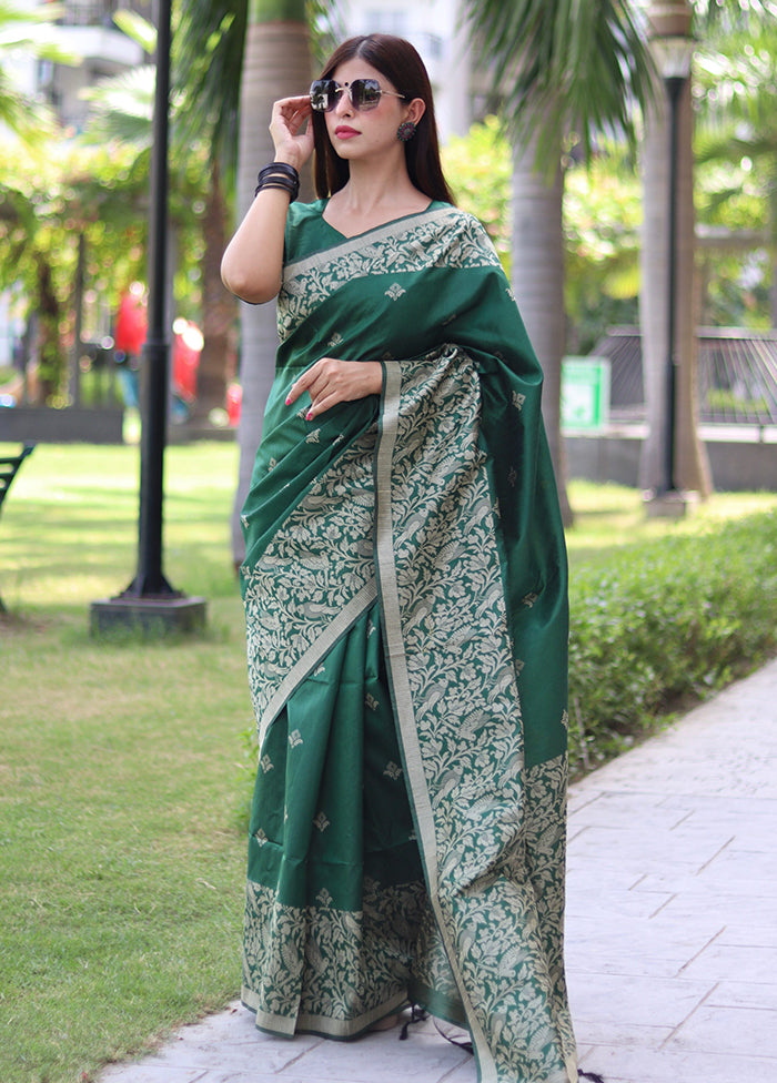 Green Spun Silk Saree With Blouse Piece Cheap Sale Big Sale