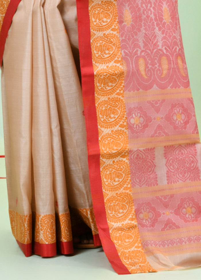 Beige Tussar Silk Texture Motifs Woven Saree Without Blouse Piece Free Shipping Fast Delivery