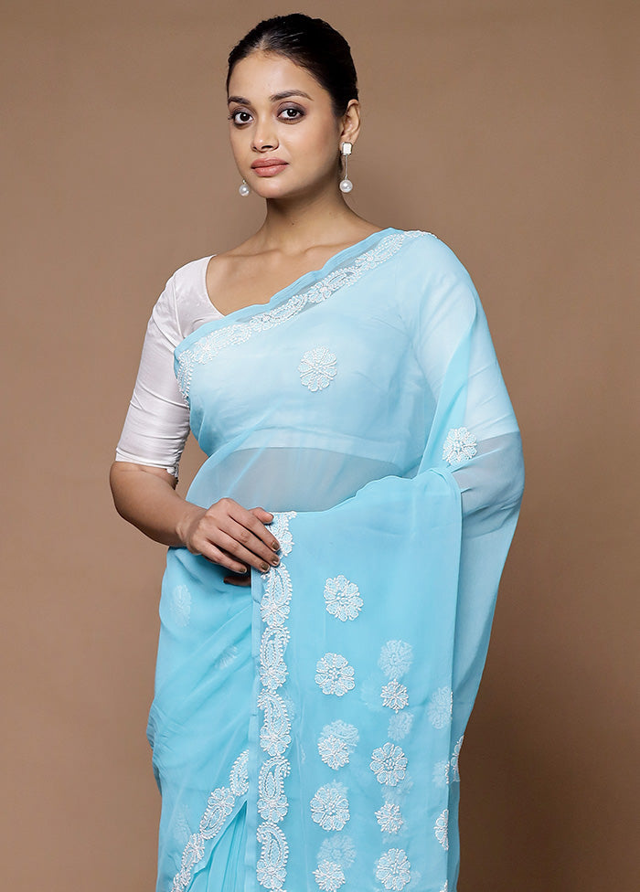 Blue Pure Cotton Saree With Blouse Piece Outlet Discount Authentic