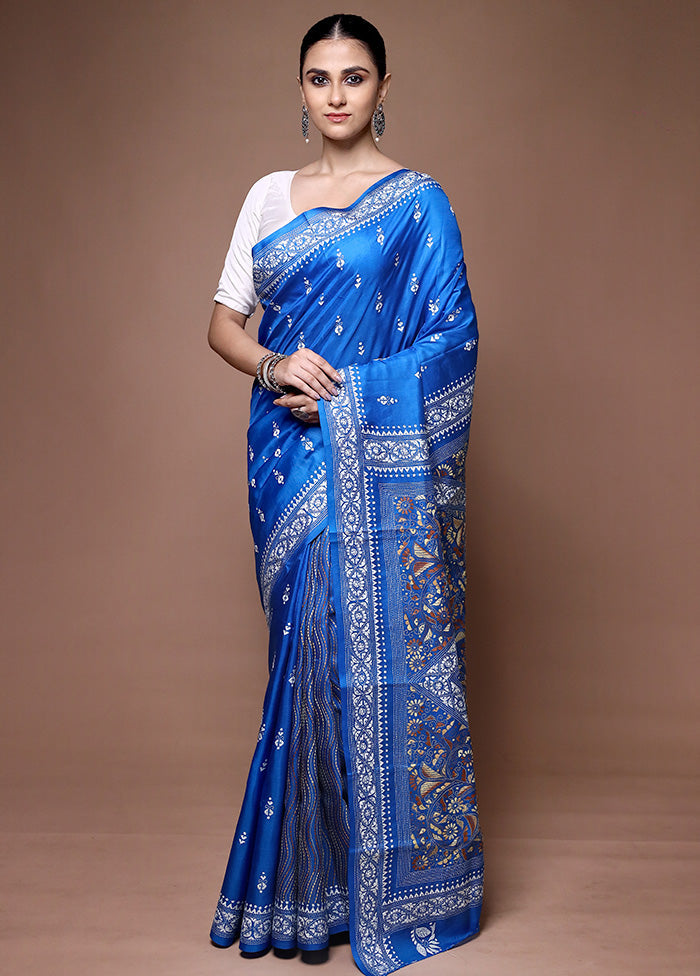 Blue Handloom Kantha Stitch Pure Silk Saree With Blouse Piece Discount How Much