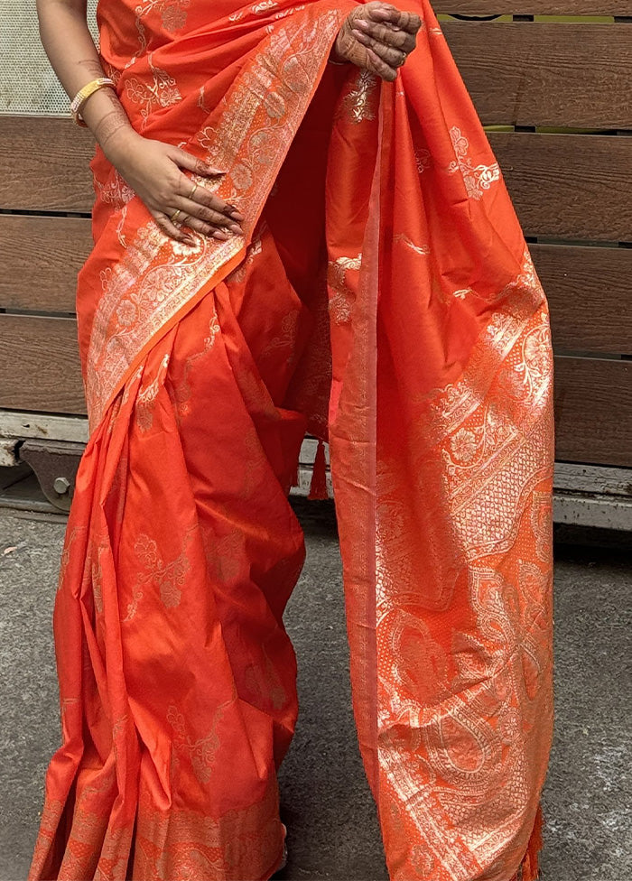 Orange Banarasi Silk Saree With Blouse Piece Clearance Online Fake