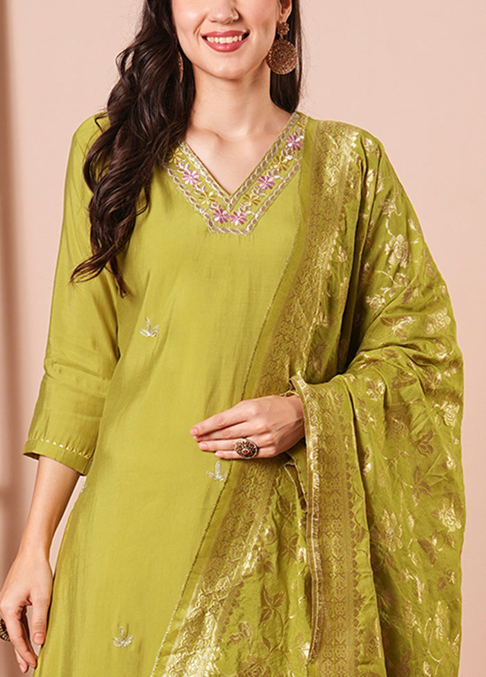 3 Pc Green Readymade Chanderi Dupatta Suit Set Clearance Pirce Sale