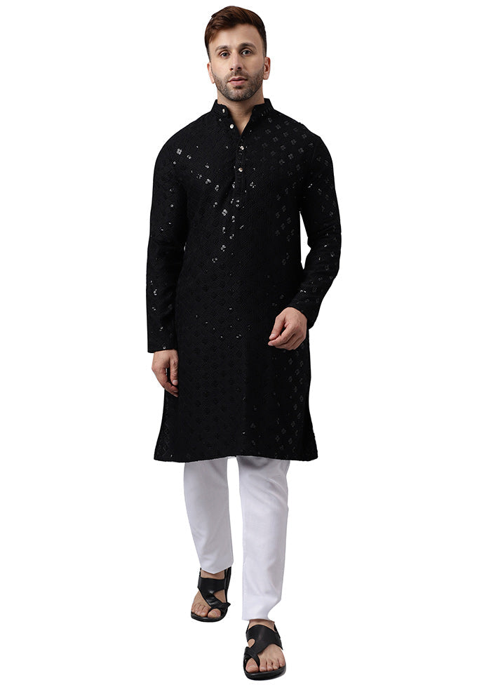 2 Pc Black Silk Kurta Pajama Set Quality Free Shipping For Sale