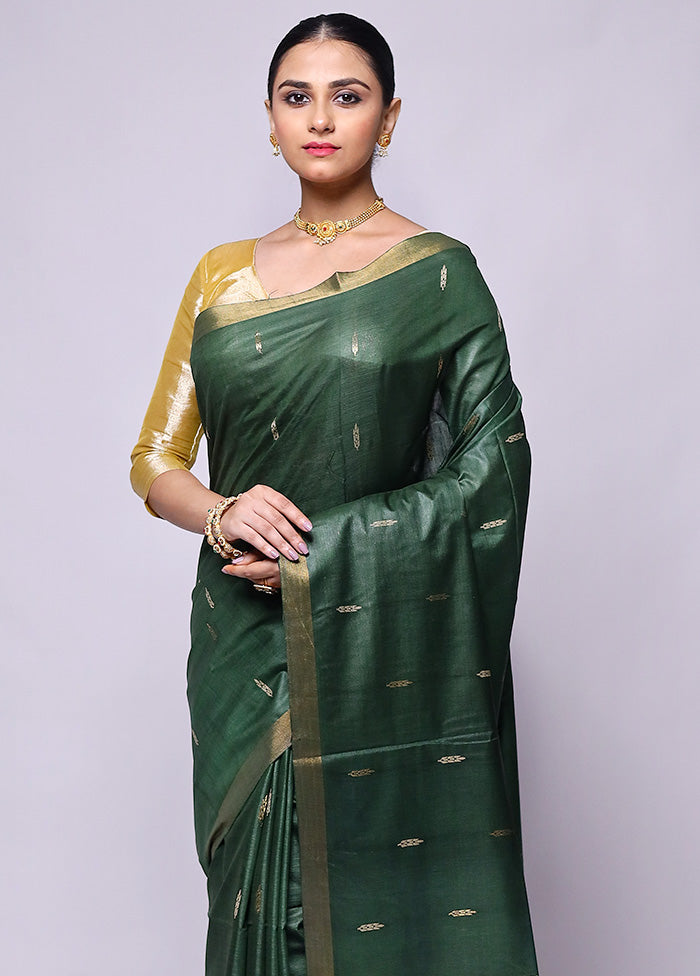 Green Handloom Tussar Pure Silk Saree With Blouse Piece Original For Sale