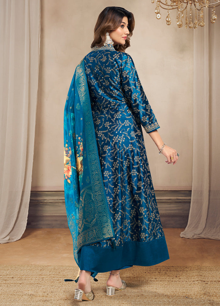 3 Pc Teal Blue Readymade Silk Dupatta Suit Set 2025 New Sale Online