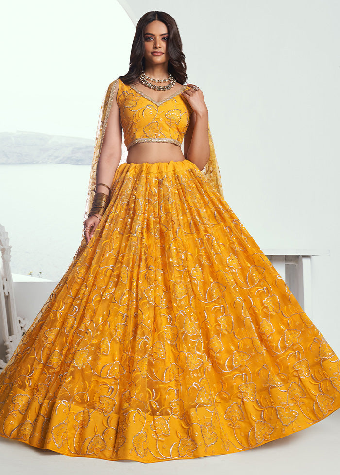 3 Pc Yellow Net Semi Stitched Lehenga Set Outlet Good Selling