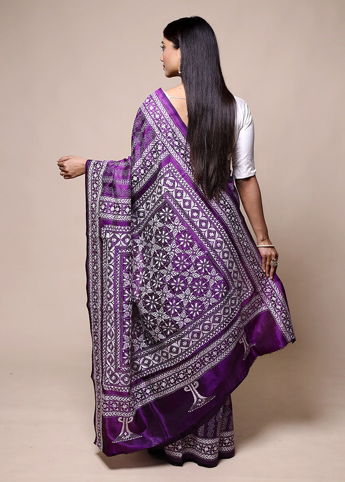 Purple Handloom Kantha Stitch Pure Silk Saree With Blouse Piece Buy Cheap Excellent